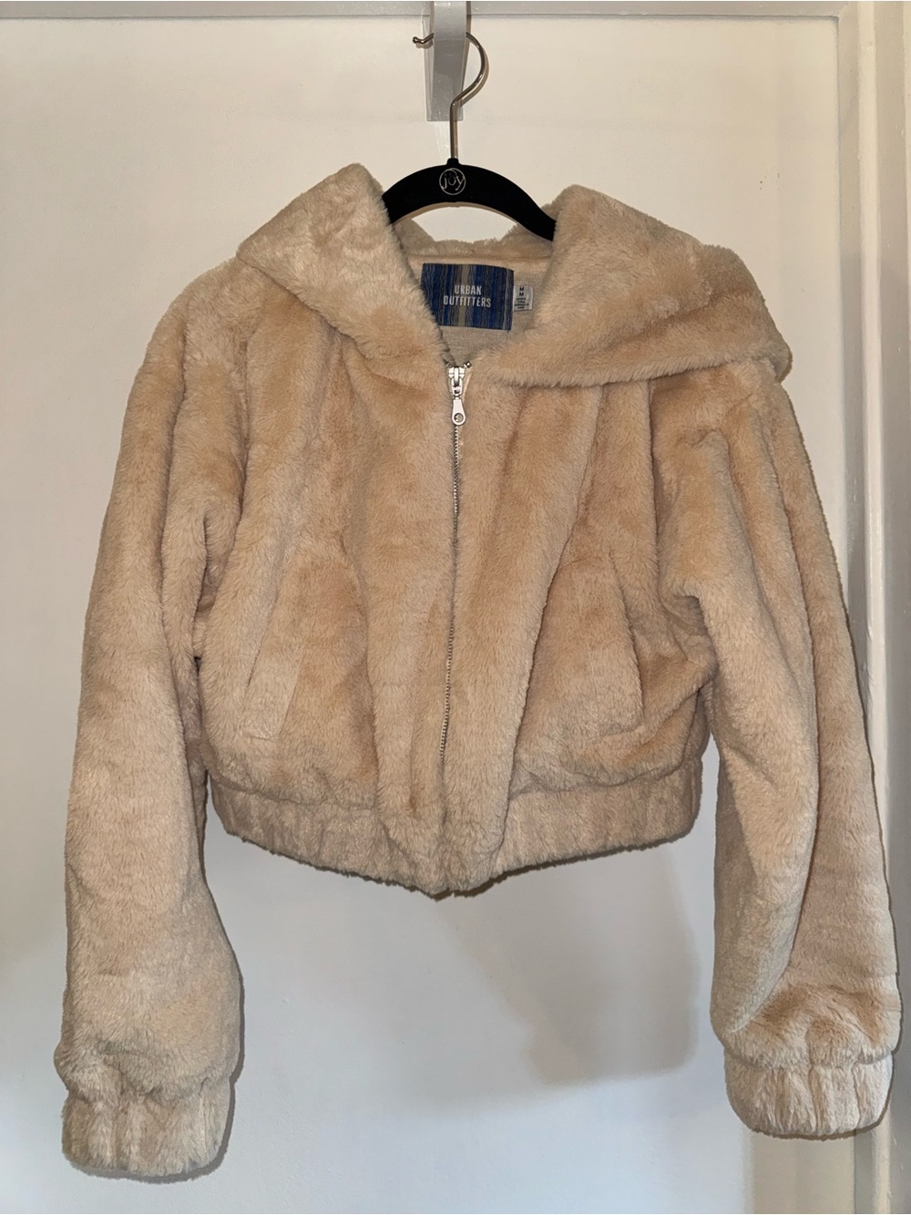 Urban Outfitters Beige Faux Fur Cropped Hooded Jacket Size M